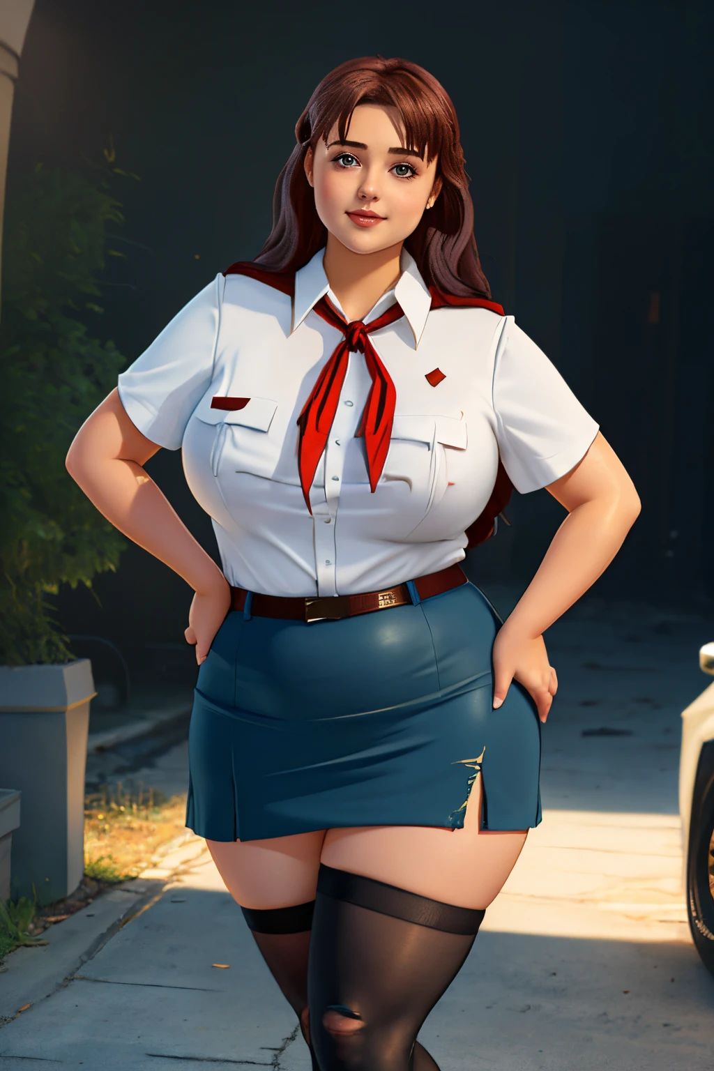 masterpiece, (photorealistic), (8k wallpaper) , (best quality), perfect quality, solo, (detailed eyes:0.9), girl, red hair, eating muffin, small smile, very young, face : (very young, 20 years old, thin face, European, very beautiful face, young). figure : ((very full figure), curvy, (very plump), very chubby, very chunky, very chubby belly, (love handles), (muffin top), very soft, very thick, very thicc, sexy, sexy pose, fat, fat rolls, fat thighs, fat ass). clothes: ( short miniskirt, very tight uniform, very tight shirt, ripped tights, ).