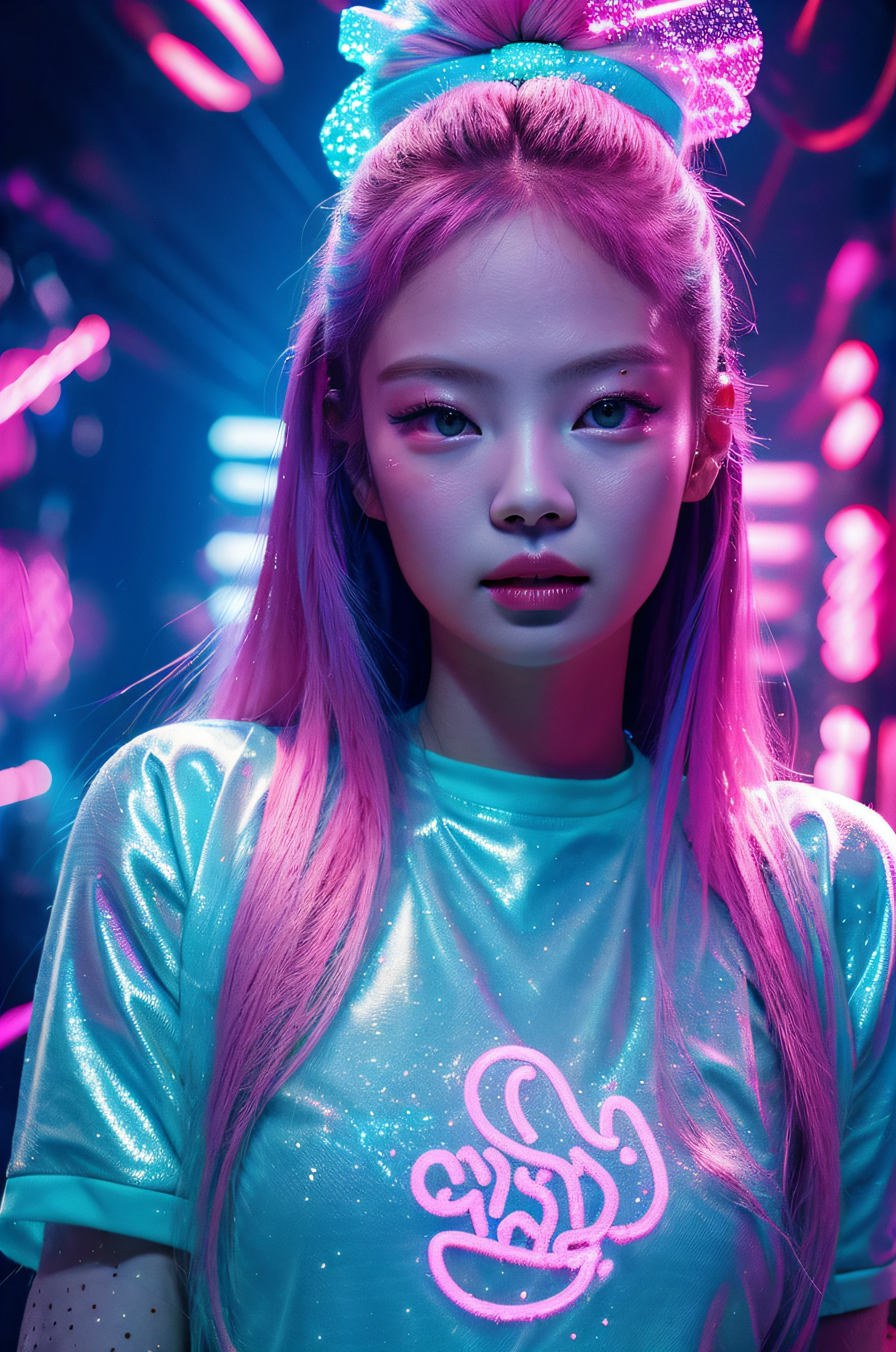 beautiful 30 years old woman's face illuminated by colored lights photorealistic background bright colors Luminous neon pink and neon blue glitter dust background with pink and blue smoke vapor, Jennie kim,