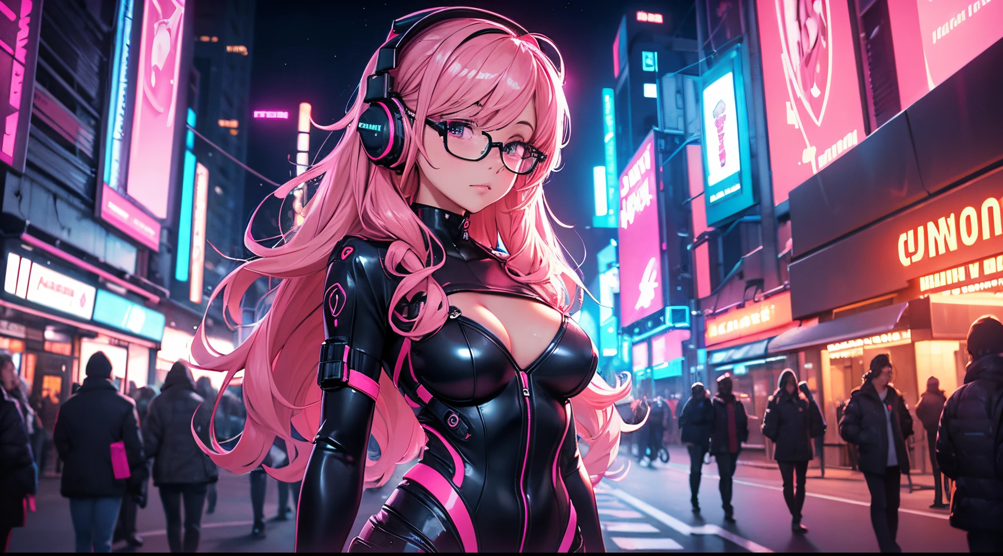 Masterpiece, best quality, dutch angle shot, 1 girl, pink wavy hair, glasses, futuristic body suit, headphones, looking at viewer, sexy, alluring, city at night, neon, 80s, synthwave