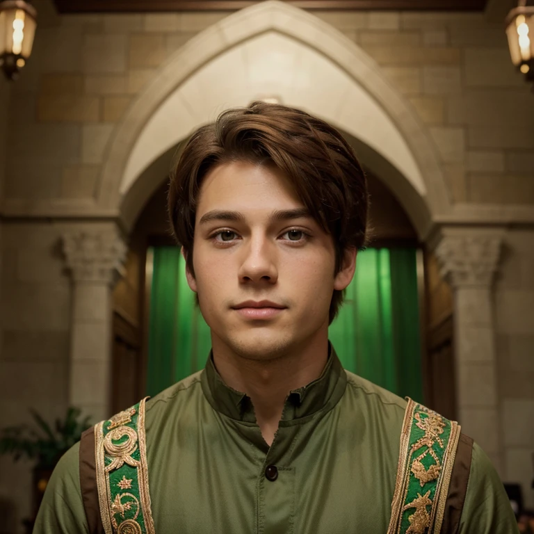 Anime prince with brown hair and green eyes, hes strong and resembles a bear but human.