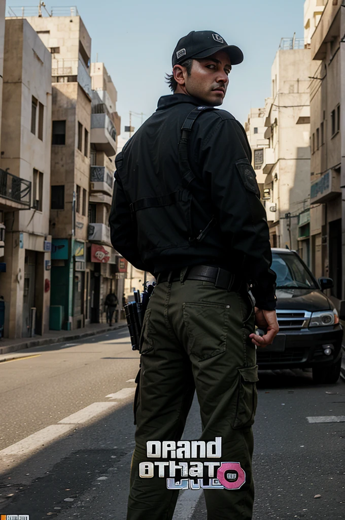 Airsoft player in the style of Grand Theft Auto from Israel, standing behind a car in Israel city, let the background be like Israel