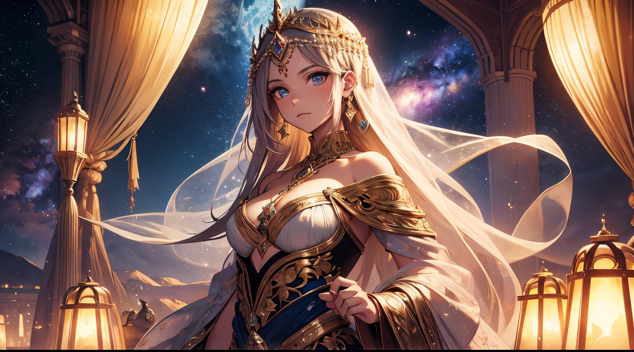 (masterpiece), (best quality), (highly detailed), (intricate details), 1 woman, beautiful goddess, goddess of time, hourglass, sands of time, glittering sand, abstract, cosmic, celestial, fantasy, stars, galaxy, colorful