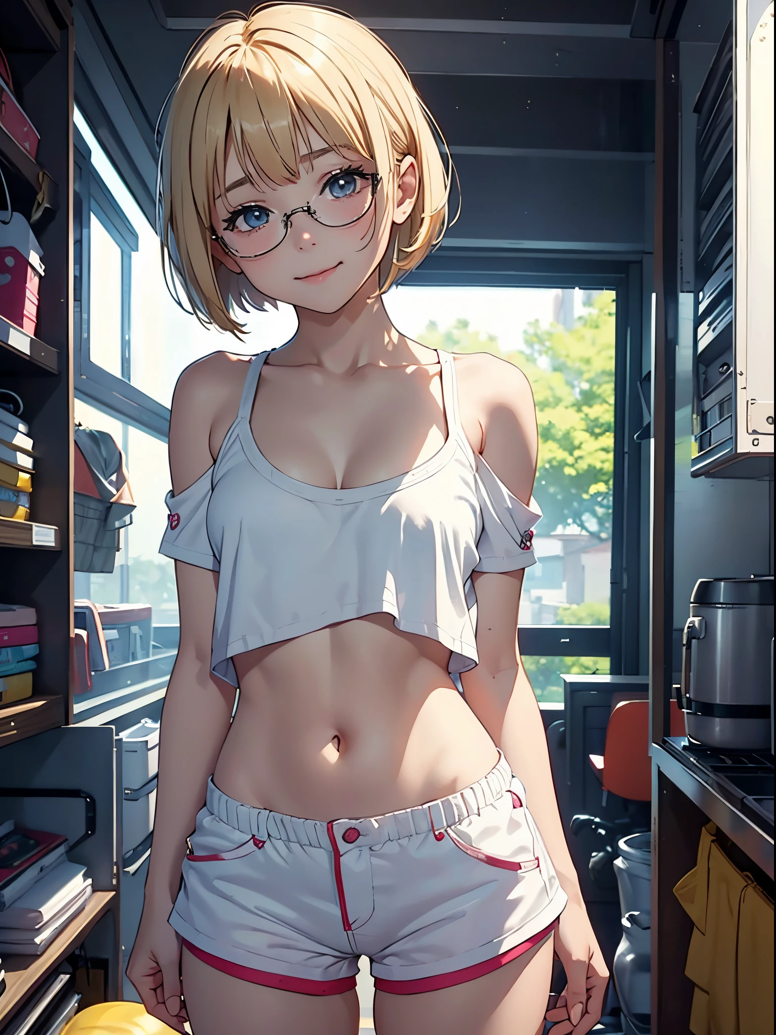 1 girl, bangs, loli body, 14 year old girl, short top, blonde hairstyles, cleavage, mouth, very small breasts, small nipple, ass facing viewer, back on screen, smiling, tight, micro shorts 1.9, Ultra -HD | |, 4k image, glasses, character near the camera, sexy poses