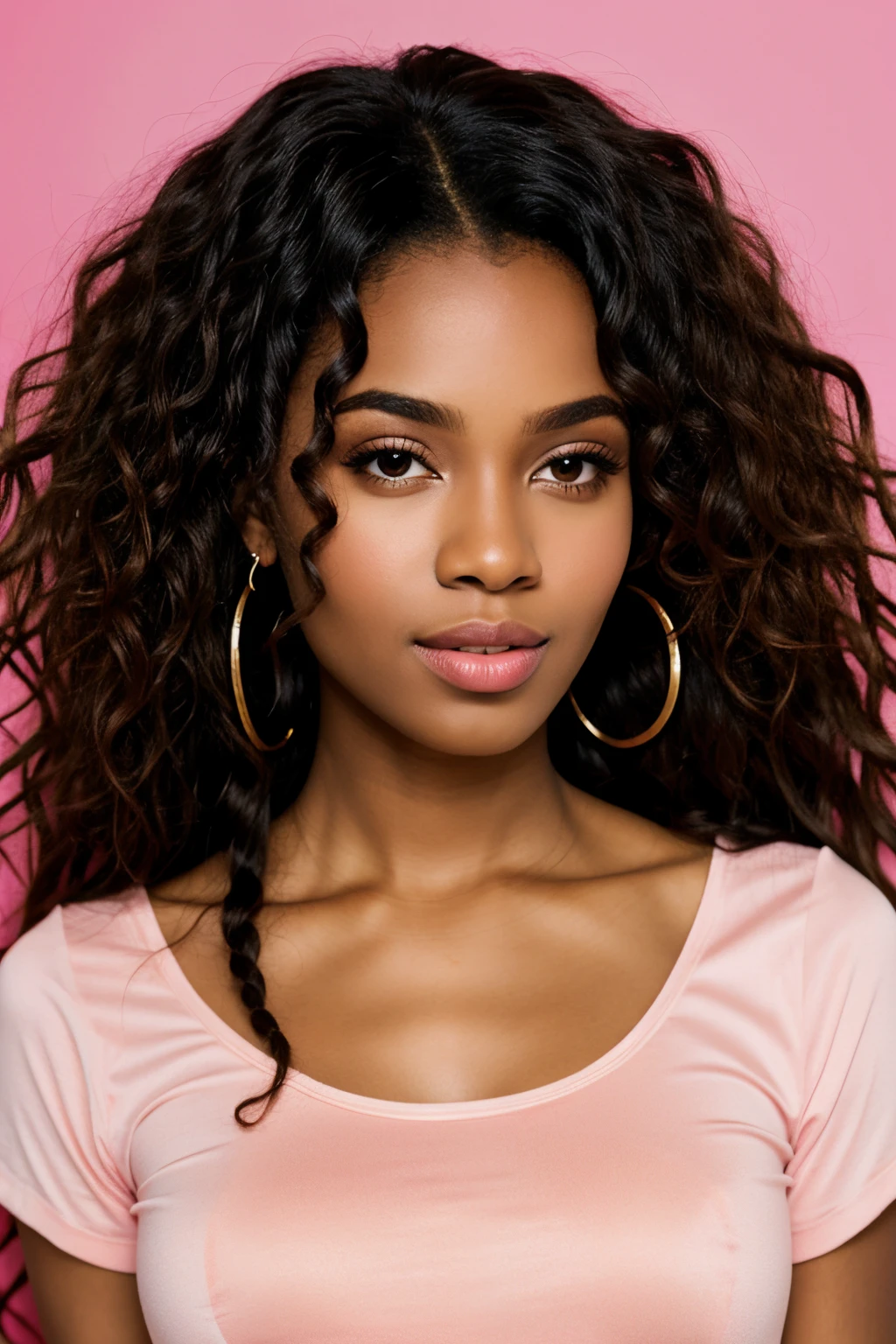 an ultra realistic half body portrait of an african woman wearing hair extension, with middle part brazilian wavy hair, pink backdrop. ((best quality)), ((masterpiece)), (detailed), perfect face