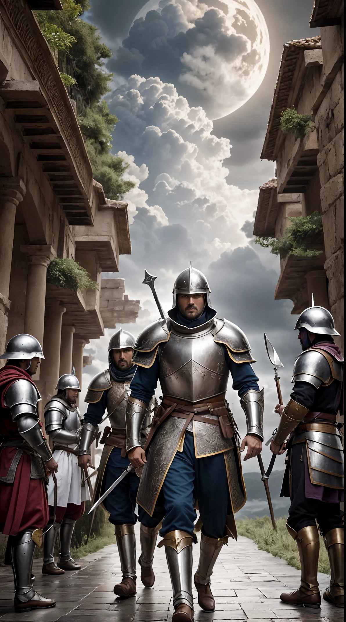Obra maestra, cinematic landscape, mejor calidad, barroco, realista, , hombre, armadura medieval romana blanca, armadura desgastada,combate a muerte con espadas,guerreros en la lucha,guerra bajo la luna y el sol,rallos y lluvia en medio de una tormenta tropical,historia epica mediebal,gran heroe de la espada,chispas de las espadas chocando,
