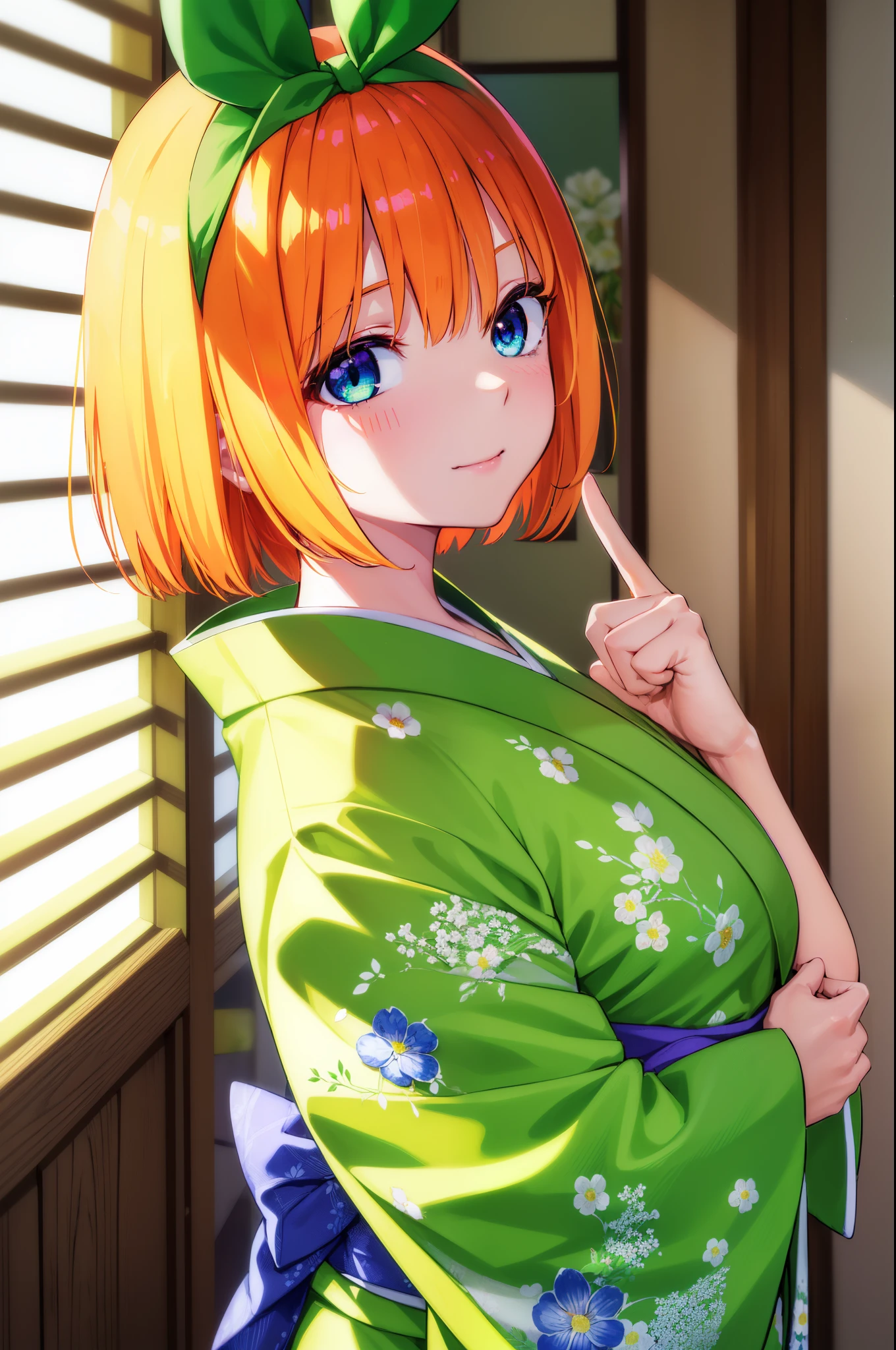 yotsubanakano, Yotsuba Nakano, Bangs, Short hair, Blue eyes, hair between eye, Hair Ribbon, shairband, Orange hair, Green Ribbon, The best smile, Bow, bow ribbon, green bow, (Light green kimono:1.3), yellow lean ribbon, (Floral pattern on kimono:1.Ortrate, (put index finger on mouth:1.1), Break indoors, BREAK (masutepiece:1.2), Best Quality, High resolution, Unity 8k壁纸, (Illustration:0.8), (Beautiful detailed eyes:1.6), extra detailed face, Perfect Lighting, extremely details CG, (Perfect hands, Perfect Anatomy), Reddening cheeks, Open your mouth, blush, Smile