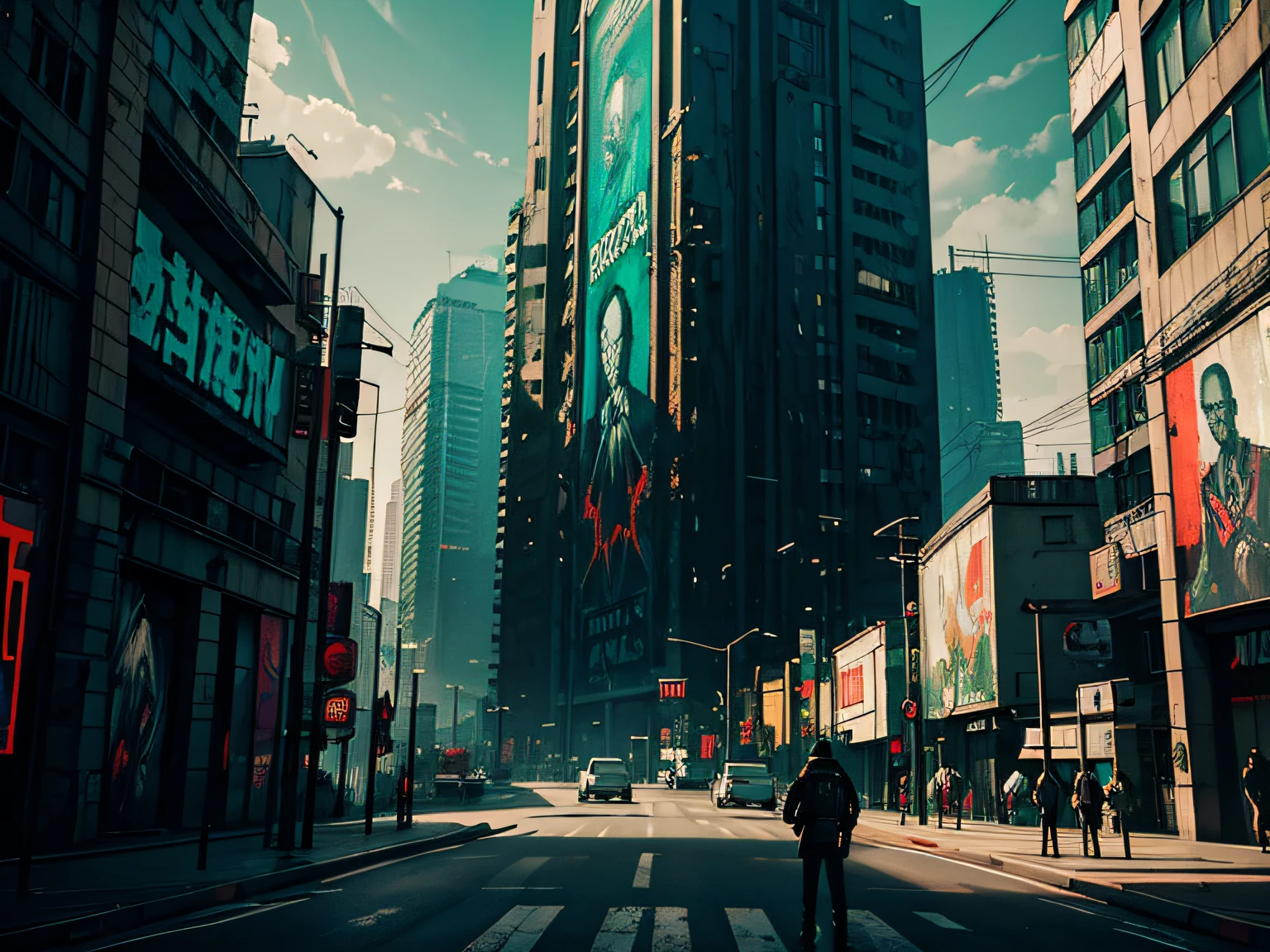 dark cyberpunk art, distorted horror shadow character on billboard, billboard, standing in the middle of green and gray Khrushchev buildings, Masterpiece, ((glitches and distortions)), horror art