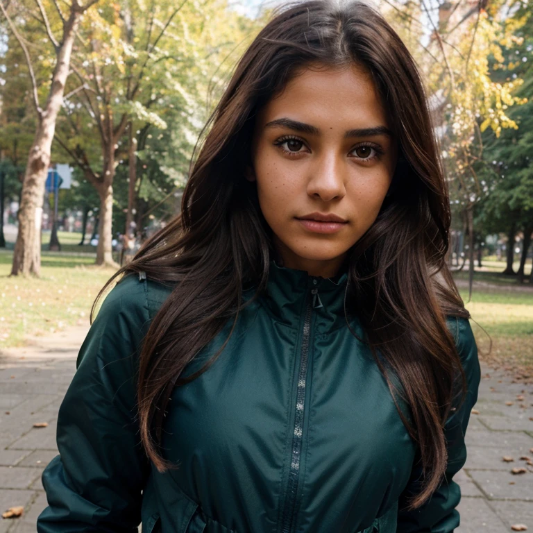 18years old, brown hair,gipsy girl, detailed face,skinny facial structure, green eyes, light dark skin colour ,big chest, fit body, skinny jaw line, small wider nose, ultra-detailed, skinny face, from india , walking in the park in Košice Slovensko , blue winter jacket, black leggings, winter time