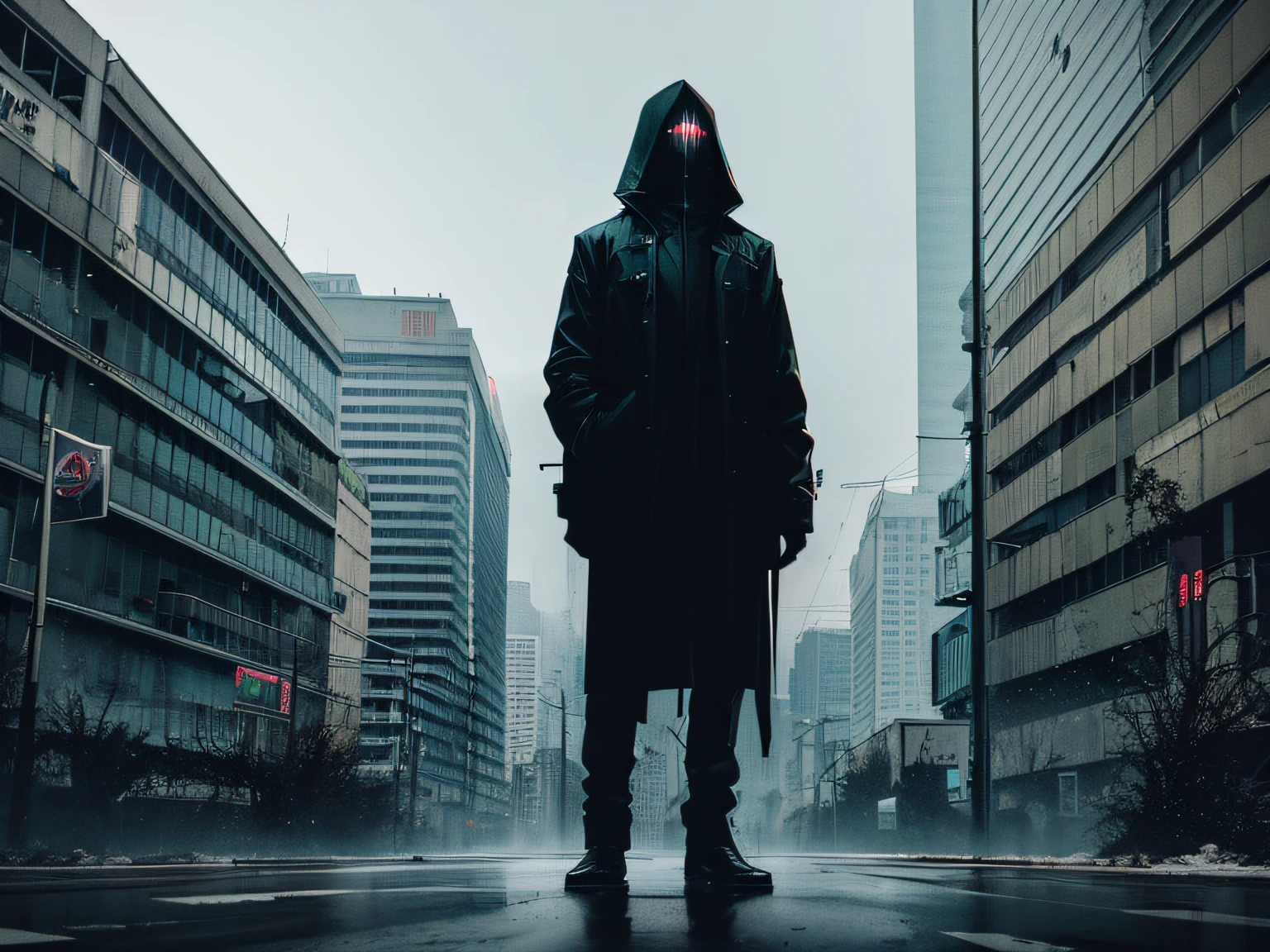 dark cyberpunk art, distorted horror shadow character on billboard, billboard, standing in the middle of green and gray Khrushchev buildings, Masterpiece, ((glitches and distortions)), horror art