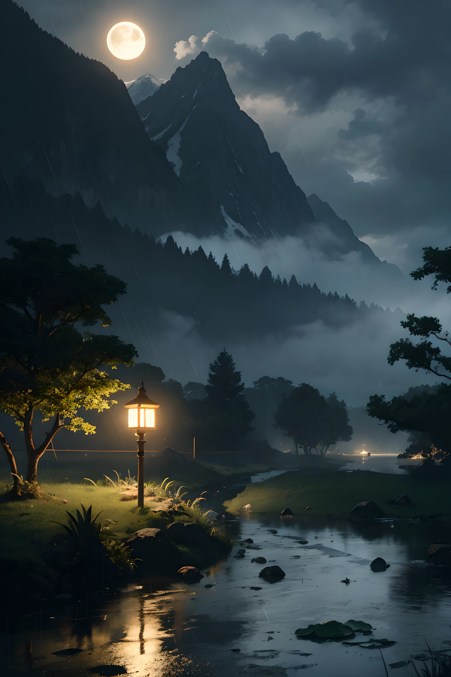 natta, Only moonlight illuminates, Meniscus, mountain in the distance, Beautiful big lotus nearby, Big red lotus, There is running water next to it, frogs, summer is full of joy, The crescent moon and stars are mixed in the sky, Stunning wallpapers, raining night, raining night, Beautiful and beautiful, 电影灯光, high detal ((heavy rain poured))), 8K