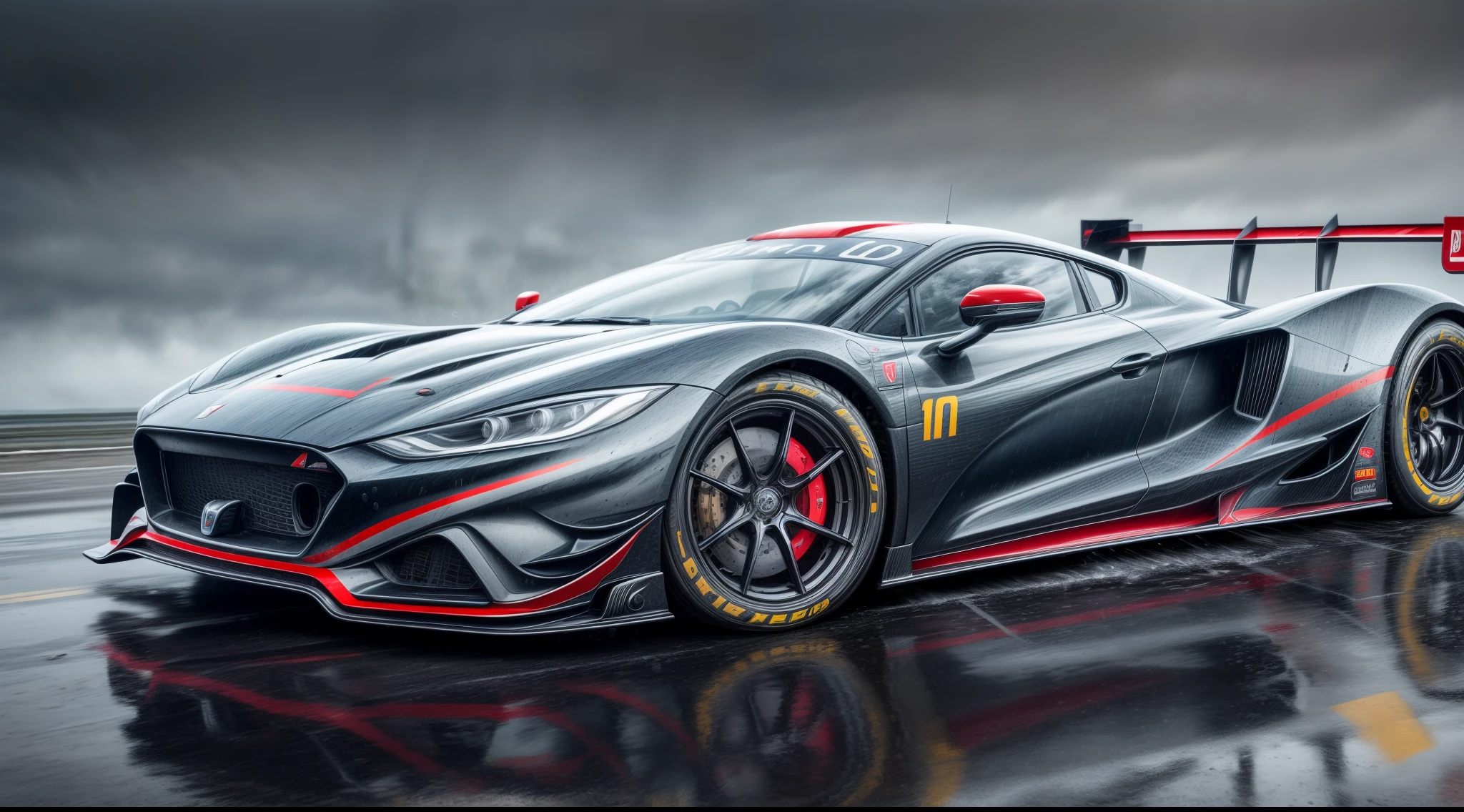 An boatmobile inspired ultra-realistic race car designed on wet roads, speeding through a rain-soaked highway with water droplets cascading off its sleek body, capturing every detail of the car's aerodynamic curves and reflective surfaces, surrounded by blurred city lights, conveying a sense of speed and exhilaration, Photography, high-resolution capture with a full-frame DSLR and a wide-angle lens (24mm)