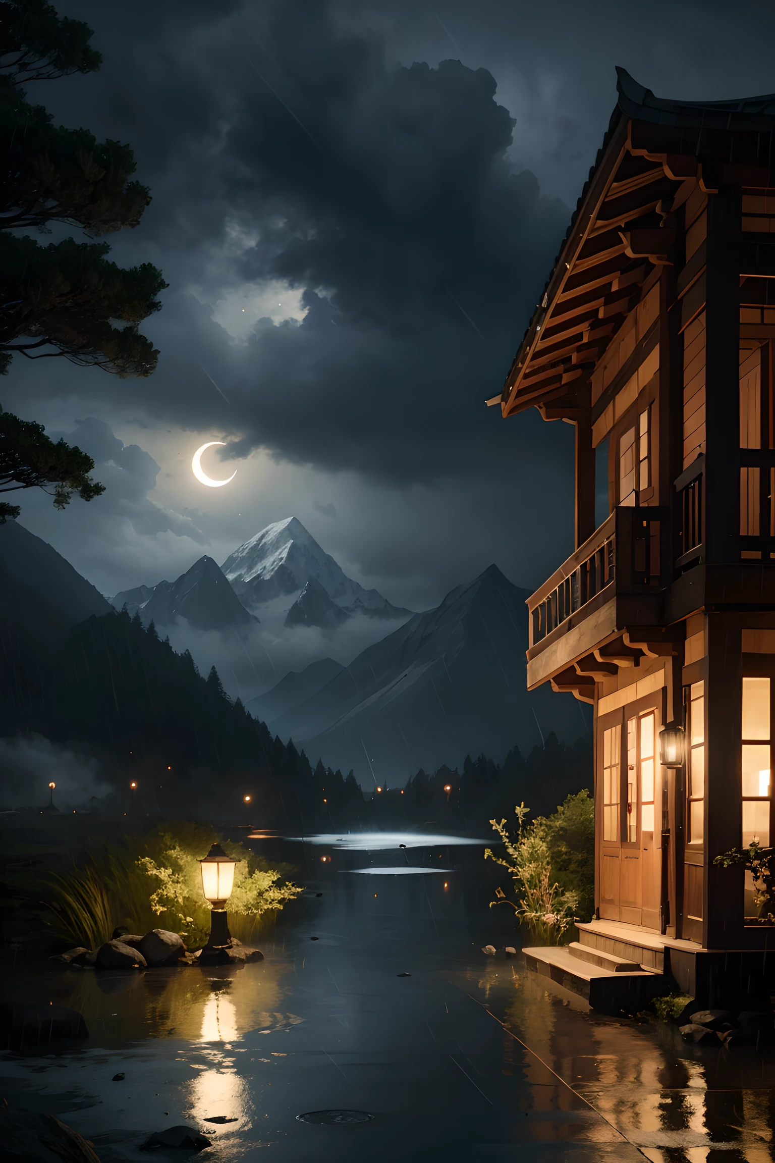 natta, Only moonlight illuminates, Meniscus, mountain in the distance, Beautiful big lotus nearby, Big red lotus, There is running water next to it, frogs, summer is full of joy, The crescent moon and stars are mixed in the sky, Stunning wallpapers, raining night, raining night, Beautiful and beautiful, 电影灯光, high detal ((heavy rain poured))), 8K