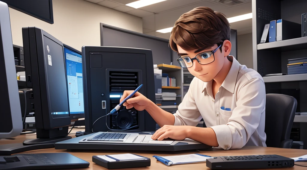 create an image of a computer technician repairing a notebook that is clear what he is doing if a lay person looks at the image