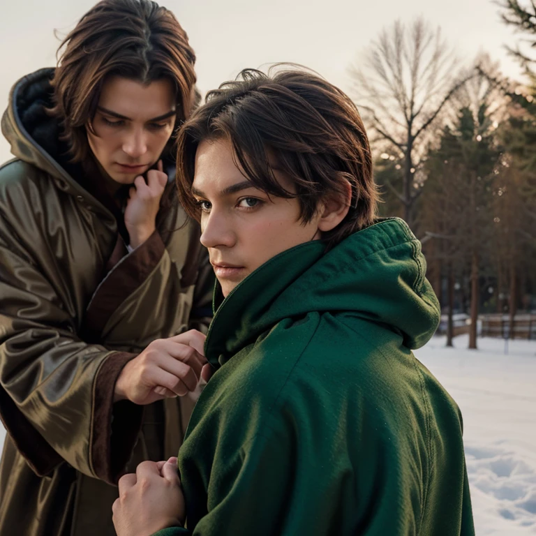 Runaway prince in the cold, with short brown hair and green eyes. Wearing a robe and a hood.