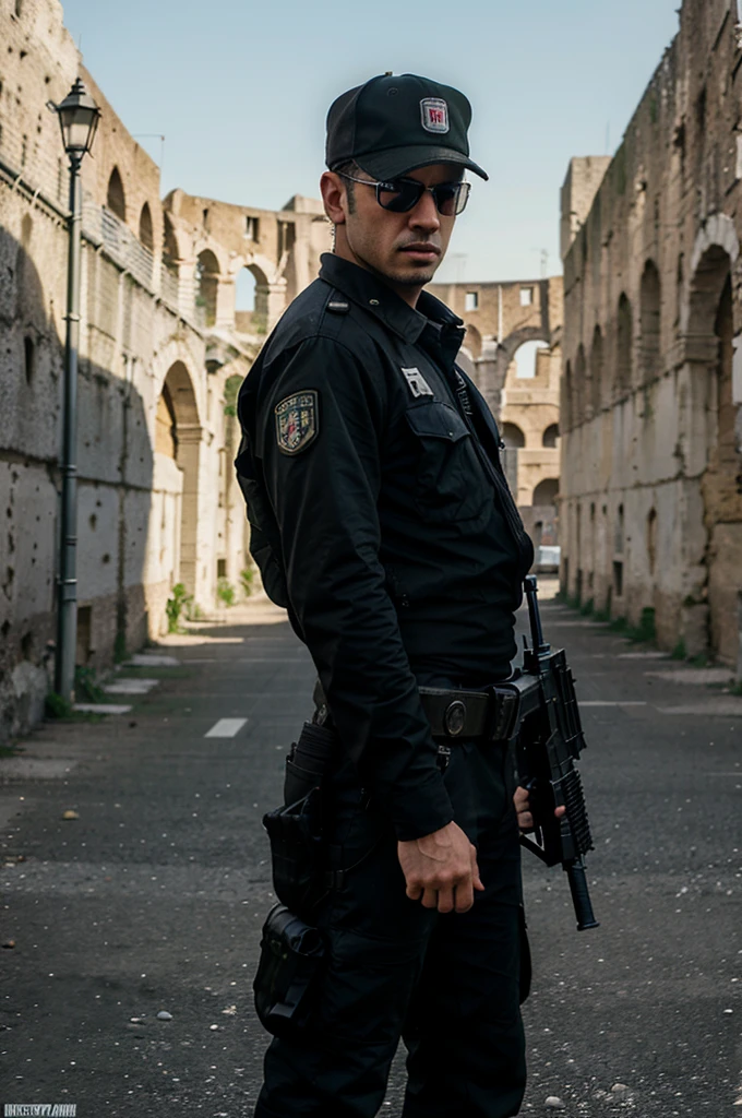 Airsoft player in the style of Grand Theft Auto from Italy, looking like a gangsta from Italy, standing behind Colosseum, let the background be like Italy