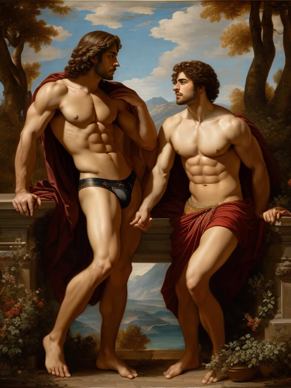 full body, Oil painting Renaissance style, two attractive youthful Italian men kissing, Italian, man, mythology, perfect composition, golden ratio, abs, chest, centered, full body, perfect composition, ((Briefs, Bulge)), by Alexandre Cabanel, landscape background