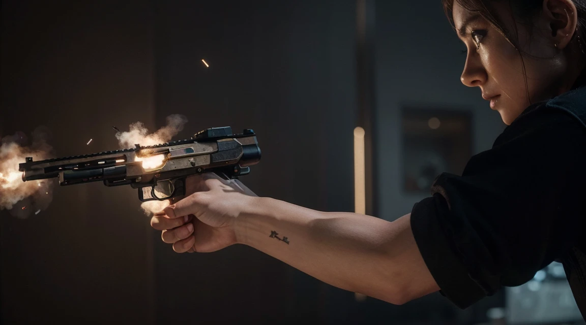 Upscale 8k photograph of a gamer wallpaper of a realistic gun shooting with the bullet casings flying. Intricate, detailed, tactile, Detail: enhanced, intricate, specific, Realistic quality: lifelike, authentic, natural, Minimalistic background: , understated, unobtrusive, Engine processing speed: optimized, efficient, streamlined.