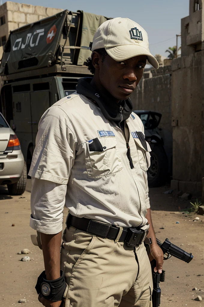 Airsoft player in the style of Grand Theft Auto from Ivory Coast, standing behind a car in Israel Ivory Coast, let the background be like Ivory Coast