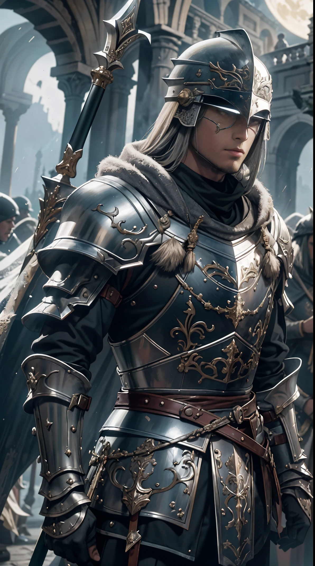 Obra maestra, cinematic landscape, mejor calidad, barroco, realista, , hombre, armadura medieval romana blanca, armadura desgastada,combate a muerte con espadas,guerreros en la lucha,guerra bajo la luna y el sol,rallos y lluvia en medio de una tormenta tropical,historia epica mediebal,gran heroe de la espada,chispas de las espadas chocando,