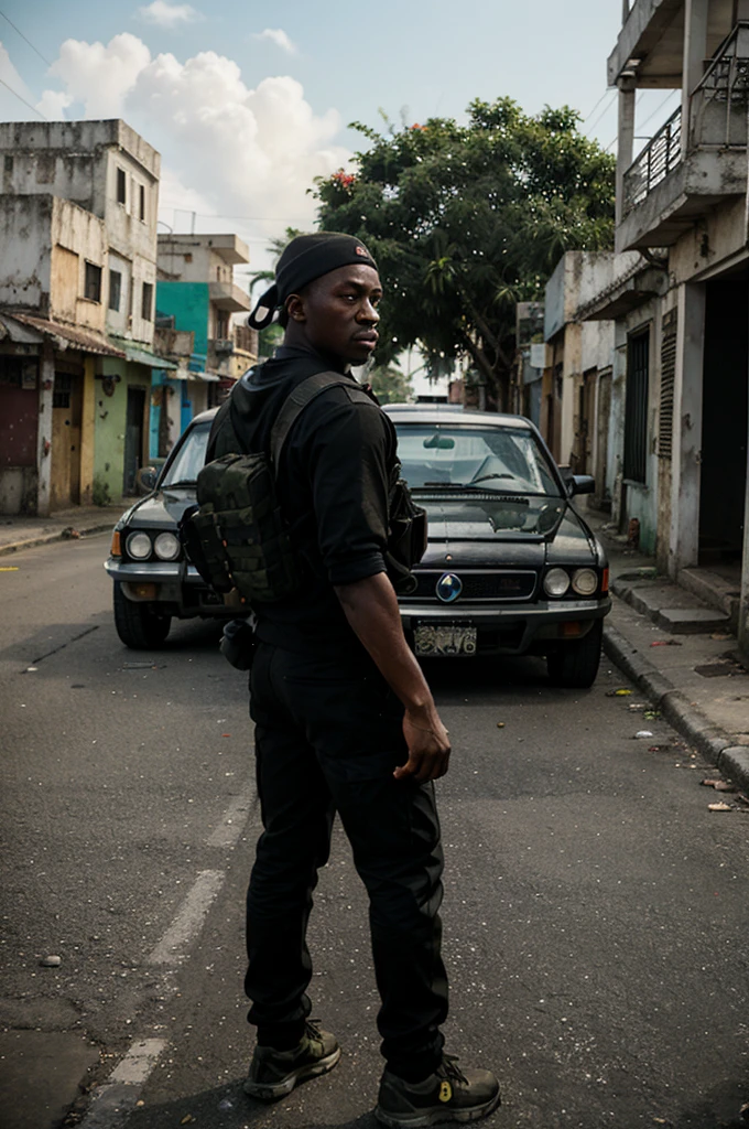 Airsoft player in the style of Grand Theft Auto from Jamaica, standing behind a car in Jamaica, let the background be like Jamaica