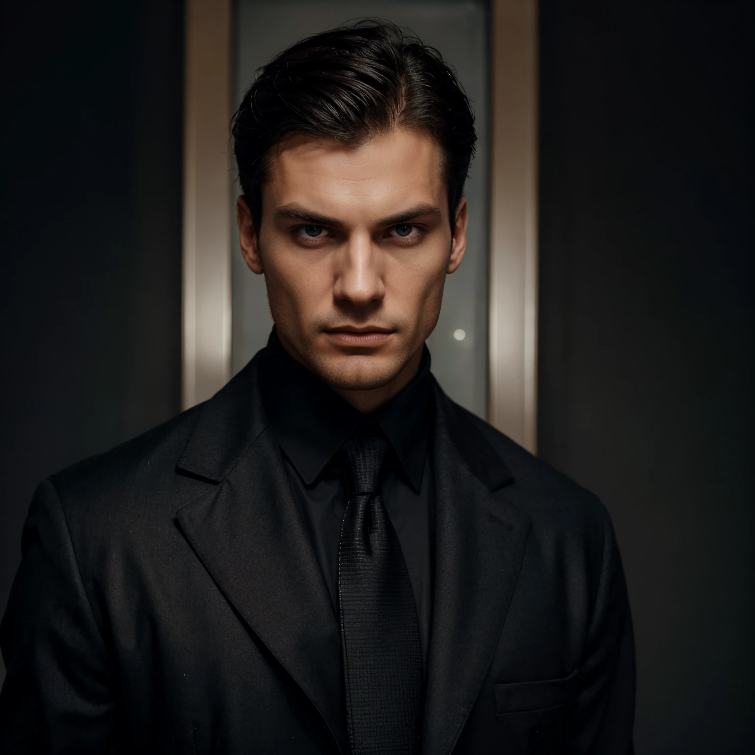 A tall man with a lean build possesses piercing, mesmerizing eyes that command attention. His well-defined, strong jawline exudes both strength and charisma, harmonizing with a balanced and symmetrical facial structure. Sporting a formal and authoritative demeanor, he wears a tailored three-piece suit with a tie, paired with a black overcoat that conveys a sense of authority and power. His eyes, completely black, intensify the cold, calculating look on his face. Complementing this, he maintains a side-parted, short, well-groomed hairstyle. He is 27 years old, mature