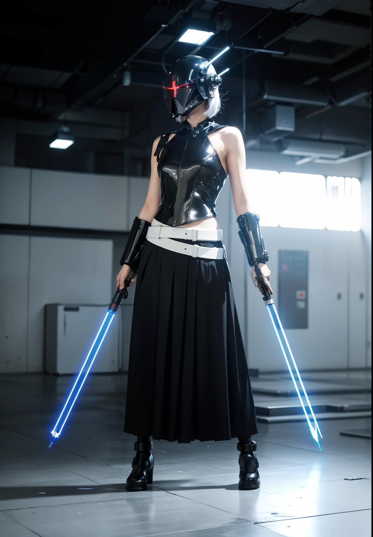 Fantasy cyberpunk world,1 Mechanical Miracle,Robots defend world order;Samurai mechanical armor,Equip transparent weapons,Streamlined black and red design,wearing in black cloak,A big part of a 1-person robot,Art of the highest quality,8K ultra-high resolution,动态照明,cinematic splendor,vivd colour,Wearing a cyberpunk space helmet,Luminous mechanical protective mask,Future high-tech tactical helmet,Star Wars lightsaber