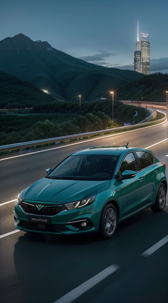 (Best quality, 8k, Masterpiece :1.2), hyper realistic, at a mountain, an detailed new model futuristic emerald Proton Saga, Speeding on the highway, (Facing the audience), The blue skyscraper in the background, at night,