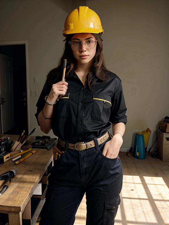 1 woman, RAW Photo, DSLR BREAK full-length portrait of a cute woman as a construction worker, detailed, sun rays, sunlight, cinematic lighting, professional color grading, ((woman is wearing a helmet, sunglasses safety, gloves, safety boots, comfortable and resistant work pants that have pockets to store tools, comfortable and breathable long-sleeved work shirt), in his hand he carries pencils and rulers that he uses to mark and measure