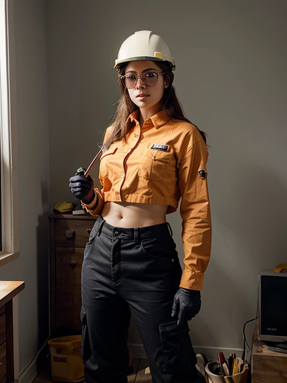 1 woman, RAW Photo, DSLR BREAK full-length portrait of a cute woman as a construction worker, detailed, sun rays, sunlight, cinematic lighting, professional color grading, ((woman is wearing a helmet, sunglasses safety, gloves, safety boots, comfortable and resistant work pants that have pockets to store tools, comfortable and breathable long-sleeved work shirt), in his hand he carries pencils and rulers that he uses to mark and measure
