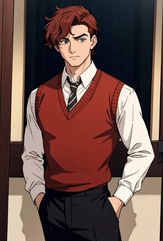 Masterpiece , best quality , Julian Devorak , the arcana , solo , 1male , tall , dark red auburn hair , wavy and sharp hairstyle , green eyes , pale skin , hooked nose , dark academia outfit , white collared undershirt with long sleeves , black striped sweater vest tucked into dark brown dress pants , orange tie around neck and tucked into vest , black dress shoes