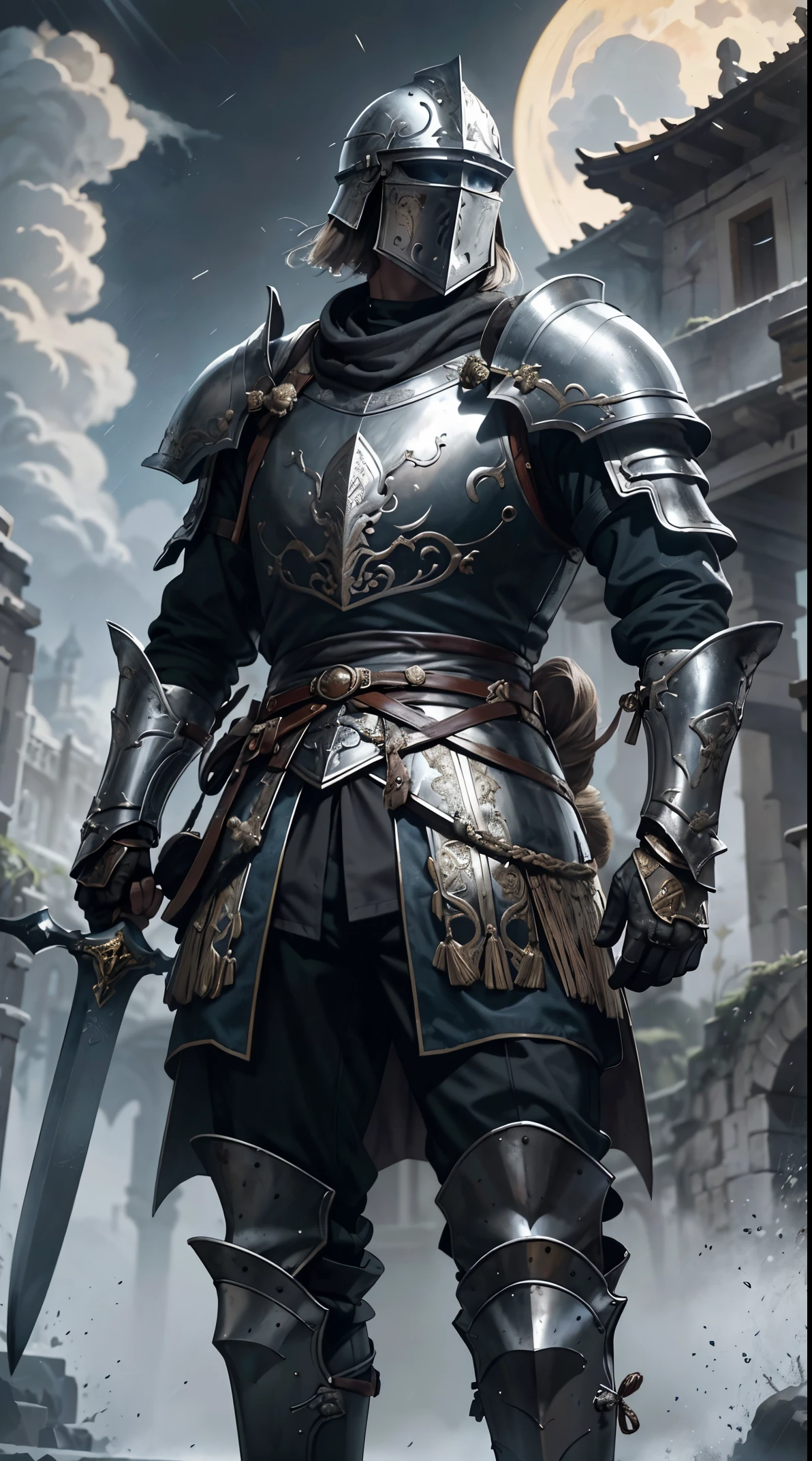 Obra maestra, cinematic landscape, mejor calidad, barroco, realista, , hombre, armadura medieval romana blanca, armadura desgastada,combate a muerte con espadas,guerreros en la lucha,guerra bajo la luna y el sol,rallos y lluvia en medio de una tormenta tropical,historia epica mediebal,gran heroe de la espada,chispas de las espadas chocando,