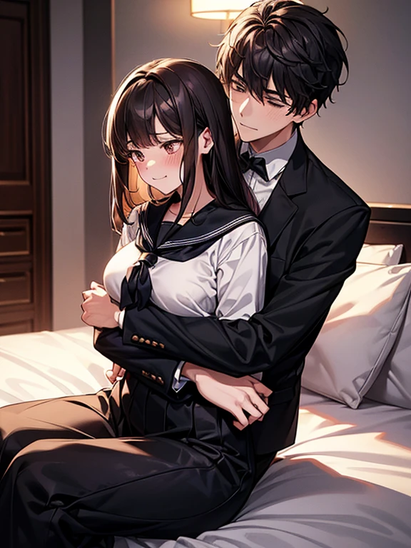 1 girl, 1 boy, (background on bed in bedroom), dark hair, hetero, sitting, man hugging woman, hug from behind, girl blushing, girl in trouble, man evil smiling, girl embarrassed, gairl flustered, (girl sweat), girl in serafuku, man in black suit and white shirt, cool guy, sexy guy, pretty girl, girl have large breasts, 160cm woman, 185cm man, (18-year-old boy and girl), {sunset}, looking away,high quality, high resolution, masterpiece