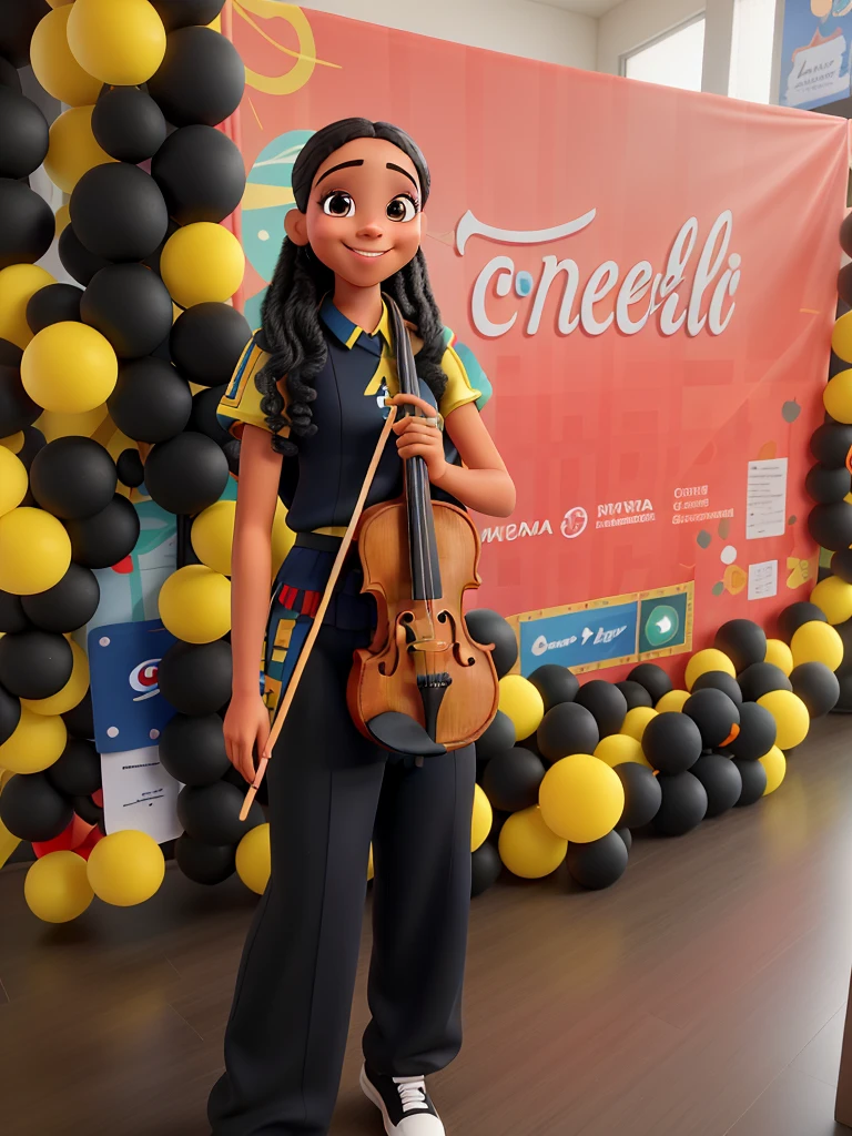 menina de pele escuro claro, com violino, sorrindo, cabelo cacheado nas pontas, com roupa preta, estilo disney pixa, alta qualidade, melhor qualidade.