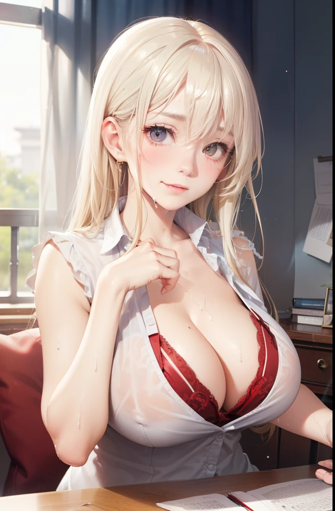 1girl in, POV, 1boy,  between breasts,   , Sweat, cleavage, , , Room, full of sweat, Large breasts, motion line, motion-blur, Warm summer, white  shirt, Grinning、Precise features and delicate expressions,huge breasts are wet,Very beautiful woman,、((trembling))、(Slim and thick ),Toned body、Composition of the whole body、Perfect human body、(((Oil,gleaming skin、realistic skin textures、Detailed beautiful skin、Shiny skin、shiny white skin)))、Boy's room、Study guidance by a private tutor、reward、darkened room、Studying、holding a red pen、Write in a note