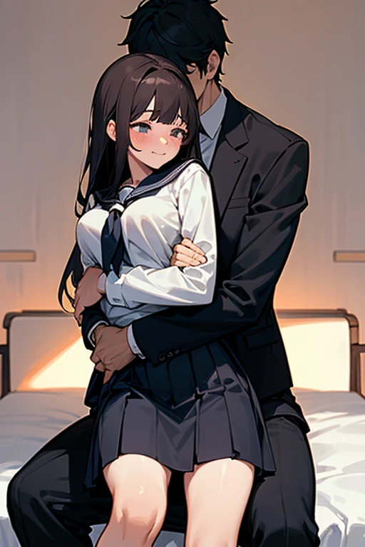 1 girl, 1 boy, (background on bed in bedroom), dark hair, hetero, sitting, man hugging woman, hug from behind, girl blushing, girl in trouble, man evil smiling, girl embarrassed, gairl flustered, (girl sweat), girl in serafuku, man in black suit and white shirt, cool guy, sexy guy, pretty girl, girl have large breasts, 160cm woman, 185cm man, (18-year-old boy and girl), {sunset}, looking away,high quality, high resolution, masterpiece