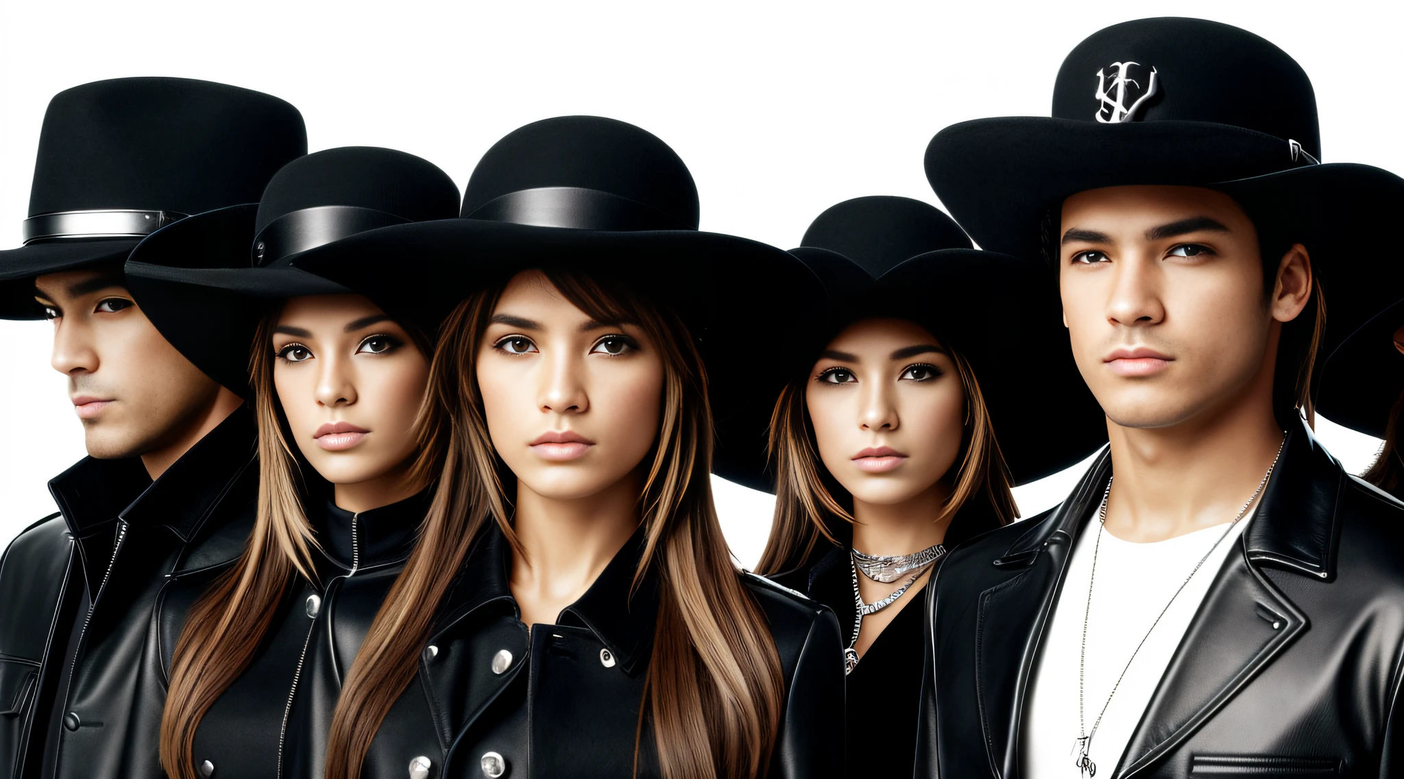 image of a group of 4 people with hats and jackets, 2 0 0 6 advertising promo shot, close up armas e rosas, foto promocional, foto promocional, in style of chrome hearts,