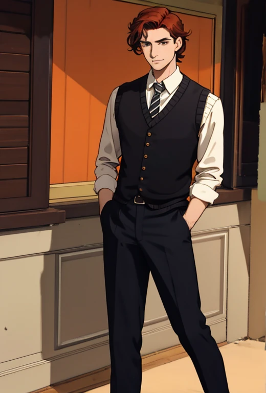 Masterpiece , best quality , Julian Devorak , the arcana , solo , 1male , tall , dark red auburn hair , wavy and sharp hairstyle , green eyes , pale skin , hooked nose , dark academia outfit , white collared undershirt with long sleeves , black striped sweater vest tucked into dark brown dress pants , orange tie around neck and tucked into vest , black dress shoes