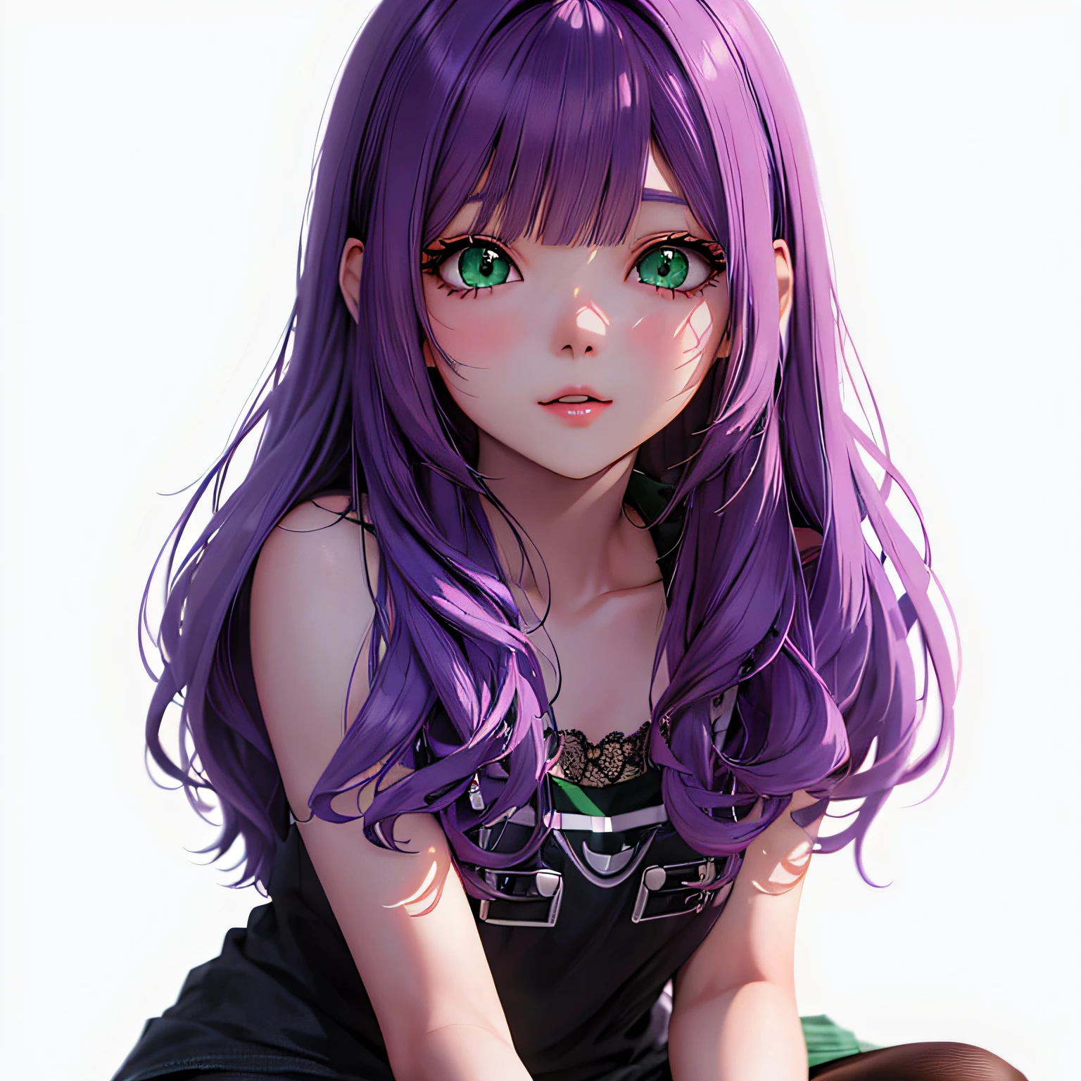 um close de uma menina com cabelo roxo e olhos verdes, render de uma menina anime bonita, Estilo anime 3D realista, olhos detalhado, verde claro ,  olhos verde amarelado quase branco , anime estilo 3d, estilo anime. 8k, 3 d anime realista, photorealistic anime girl rendering, menina anime jovem realista, arte cg anime suave, 3d menina anime, arte de anime realista, realistic anime art style