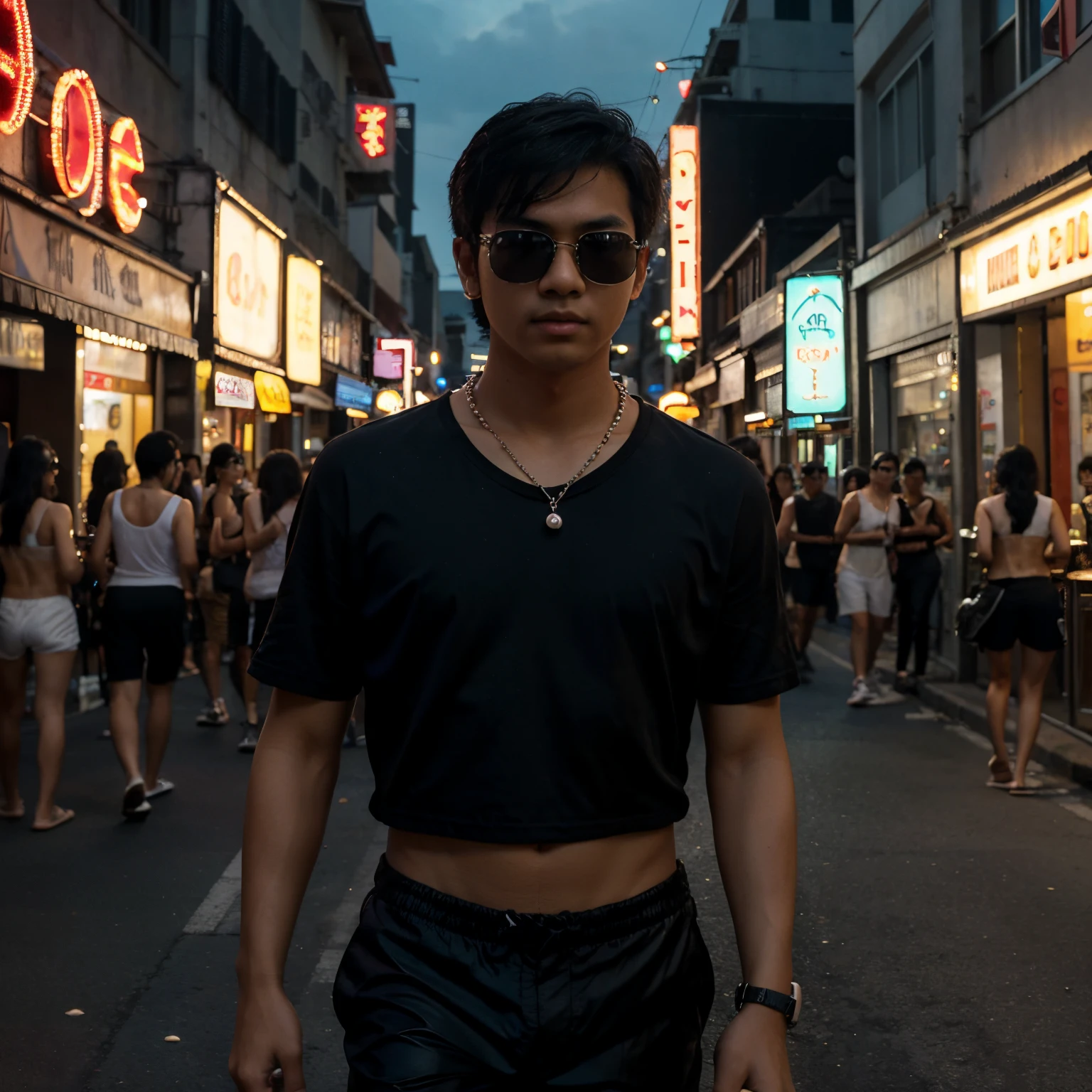 Best quality, masterpiece, ultra high res, (photorealistic:1.4), 17 year old Thai boy with black swim short, sunglasses, pearl white necklace, black t-shirt, sun kissed skin, medium short black wavy hair looking upwards. He is walking in a party street with allot of neon signs at night