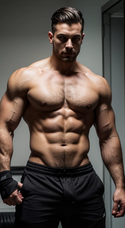 White man , 30 years old, blue eyes, black hair military cut, sharp features, height 1.93 weight 100 kg, muscular build, broad shoulders, V-shaped body, no hair, sleeves tattoos,