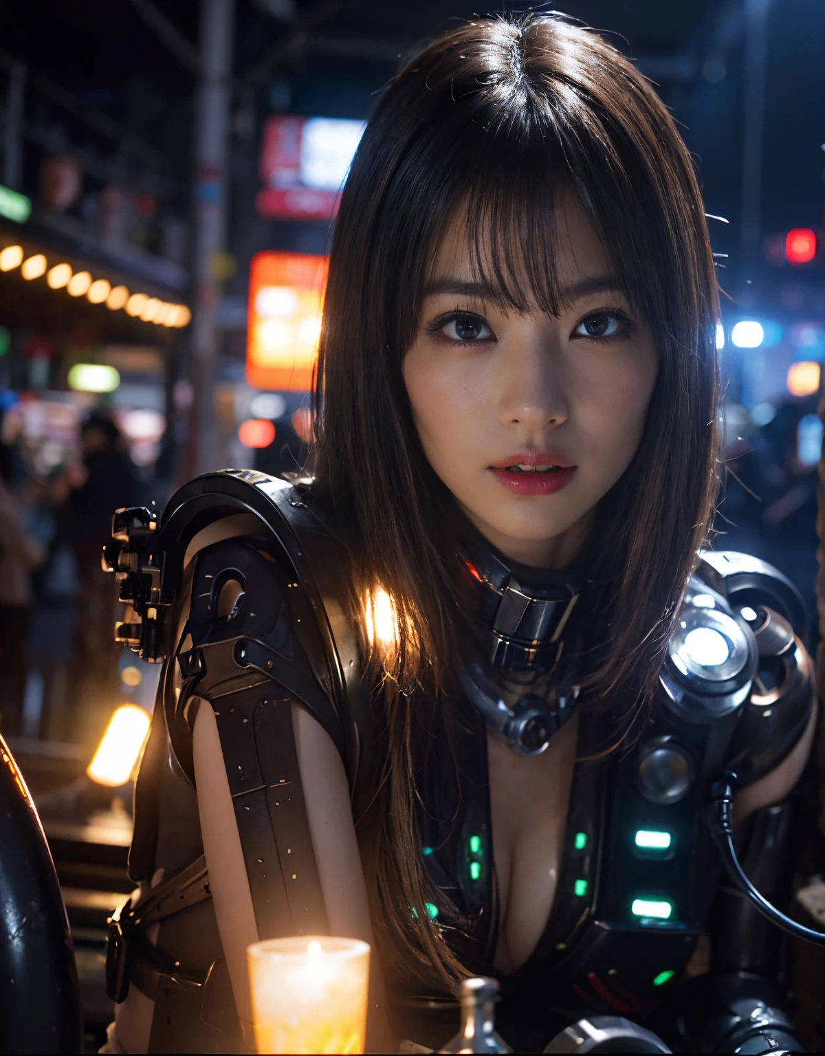 (1 mechanical girl and 1 alien)、（Mystical expression）、top-quality、​masterpiece、超A high resolution、(Photorealsitic:1.4)、Raw photo、女の子1人、glowy skin、(((1 Mechanical Girl)))、（Red Metal Bodysuit）、(Natural alien background to fight aliens)、(Small LED)、((super realistic details))、vertical giant monster background),globalillumination、Shadow、octan render、8K、ultrasharp、Robot background、Colossal tits、Raw skin exposed in the cleavage、red metal、Details of complex ornaments、Japan details、highly intricate detail、Realistic light、(Mystical expression),CG Society Trenlow Eyes、Eyes shining towards the camera、Mechanical marginal blood vessels connected to neon detail tubes)、(Wires and cables connecting to the head)、Small LED、,Mechanical thighs、Toostock、（Hands are also made of machines）、机器人、future alien、Please wear a mechanical helmet、