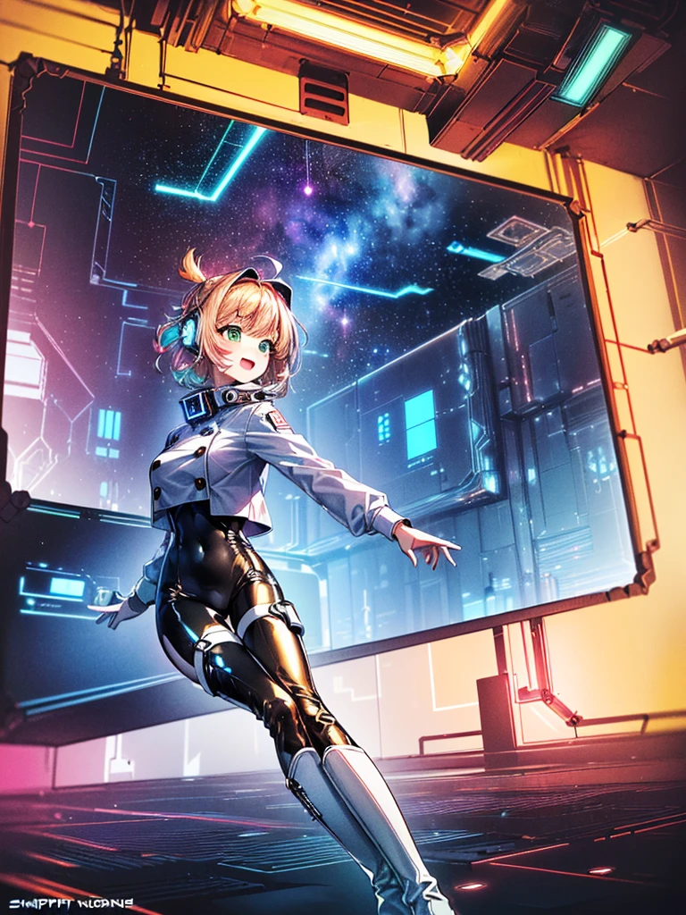 masterpiece:1.4, 1girl in ((20yr old, Wearing a tight, futuristic metallic white bodysuit,long boots, huge-breasted, Colorful blonde hair, Chignon,short-hair, Perfect model body, Green eyes:1.4, Wearing headphones, Flirting, Happy, Looking out the window of the futuristic sci-fi space station、While admiring the beautiful galaxy:1.2, SFSF control room on night background:1.1, Neon and energetic atmosphere:1.2)) ((Galaxy)) ((Solo:1.6))