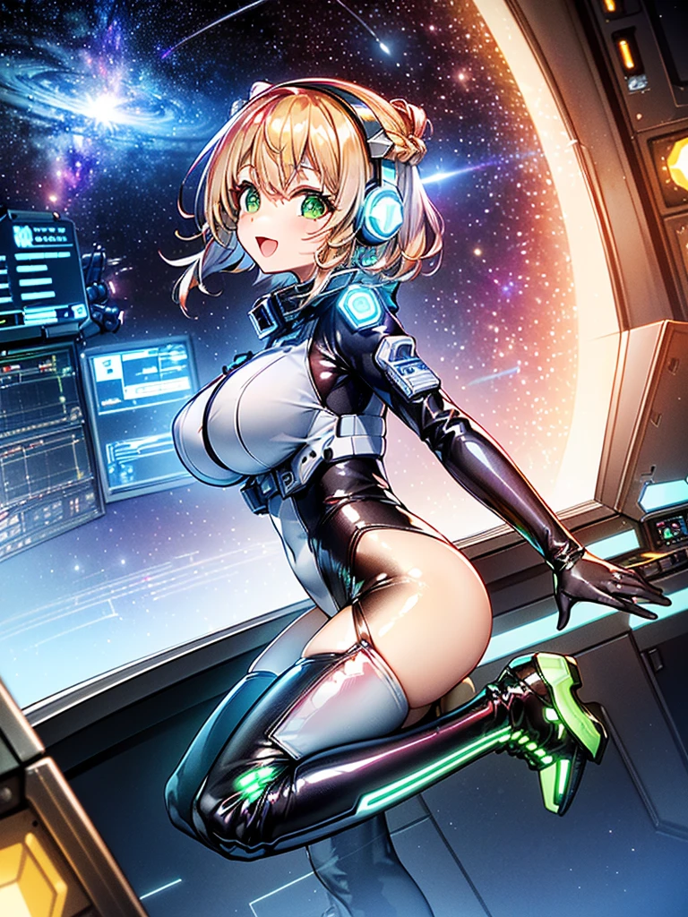 ​masterpiece:1.4, 1girl in ((20yr old, Wearing a tight, futuristic metallic white bodysuit,long boots, huge-breasted, Colorful blonde hair, Chignon,short-hair, Perfect model body, Green eyes:1.4, Wearing headphones, Flirting, Happy,  Looking out the window of the futuristic sci-fi space station、While admiring the beautiful galaxy:1.2, SFSF control room on night background:1.1, Neon and energetic atmosphere:1.2)) ((Galaxy)) ((Solo:1.6))