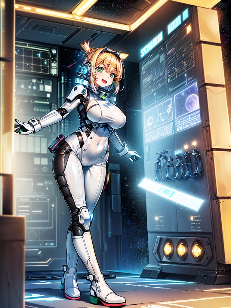 masterpiece:1.4, 1girl in ((20yr old, Wearing a tight, futuristic metallic white bodysuit,long boots, huge-breasted, Colorful blonde hair, Chignon,short-hair, Perfect model body, Green eyes:1.4, Wearing headphones, Flirting, Happy, Looking out the window of the futuristic sci-fi space station、While admiring the beautiful galaxy:1.2, SFSF control room on night background:1.1, Neon and energetic atmosphere:1.2)) ((Galaxy)) ((Solo:1.6))