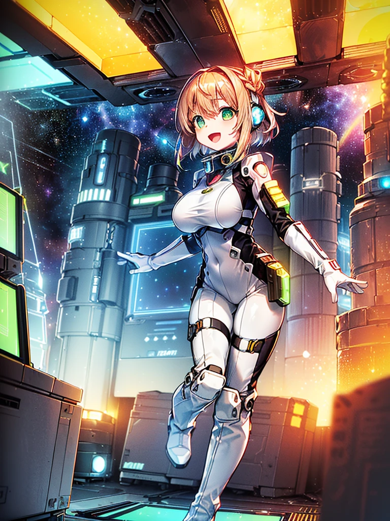 ​masterpiece:1.4, 1girl in ((20yr old, Wearing a tight, futuristic metallic white bodysuit,long boots, huge-breasted, Colorful blonde hair, Chignon,short-hair, Perfect model body, Green eyes:1.4, Wearing headphones, Flirting, Happy,  Looking out the window of the futuristic sci-fi space station、While admiring the beautiful galaxy:1.2, SFSF control room on night background:1.1, Neon and energetic atmosphere:1.2)) ((Galaxy)) ((Solo:1.6))