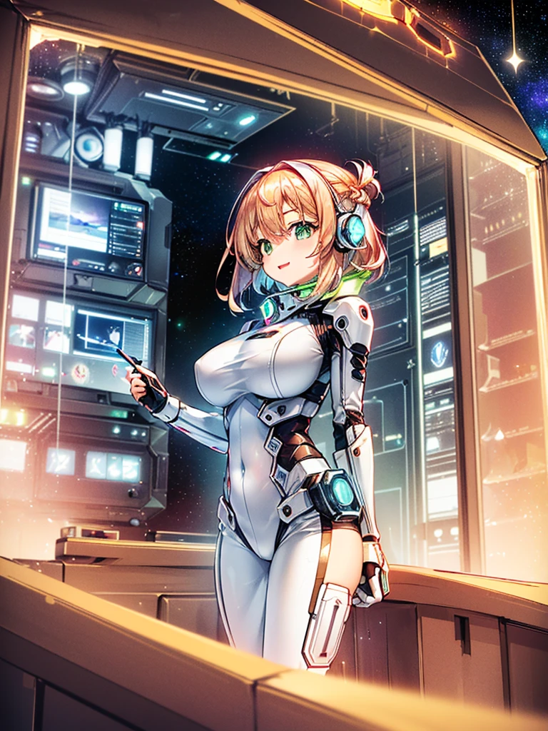 masterpiece:1.4, 1girl in ((20yr old, Wearing a tight, futuristic metallic white bodysuit,long boots, huge-breasted, Colorful blonde hair, Chignon,short-hair, Perfect model body, Green eyes:1.4, Wearing headphones, Flirting, Happy, Looking out the window of the futuristic sci-fi space station、While admiring the beautiful galaxy:1.2, SFSF control room on night background:1.1, Neon and energetic atmosphere:1.2)) ((Galaxy)) ((Solo:1.6))