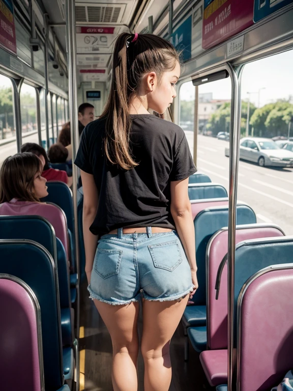 menina de 15 anos magrinha, standing on a crowded bus in sexy shorts with a short ass showing, olhando pra traz, varios homens olhando,