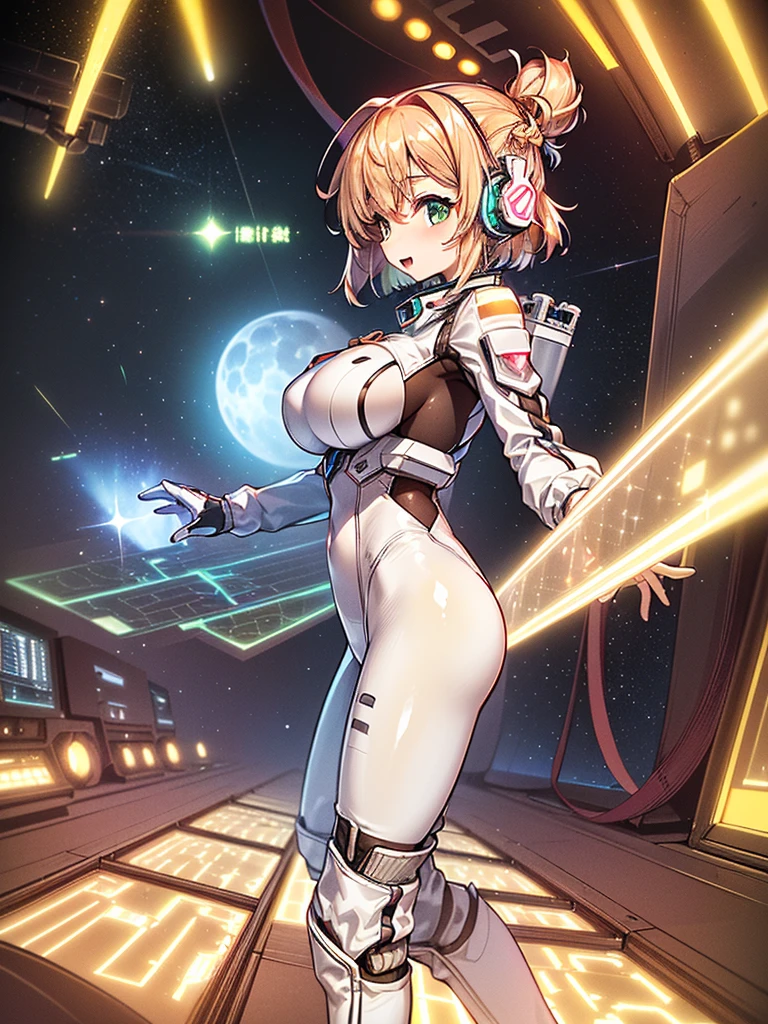 masterpiece:1.4, 1girl in ((20yr old, Wearing a tight, futuristic metallic white bodysuit,long boots, huge-breasted, Colorful blonde hair, Chignon,short-hair, Perfect model body, Green eyes:1.4, Wearing headphones, Flirting, Happy, Looking out the window of the futuristic sci-fi space station、While admiring the beautiful galaxy:1.2, SFSF control room on night background:1.1, Neon and energetic atmosphere:1.2)) ((Galaxy)) ((Solo:1.6))