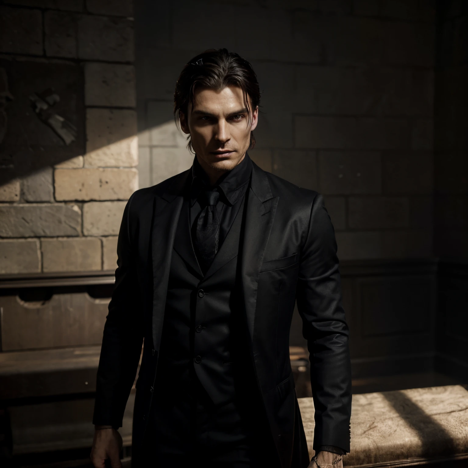 Enter the enigmatic vampire known as Deimos, a primordial force hailing from the ancient echelons of the supernatural world. Possessing the ruthless essence of Klaus Mikaelson and the sartorial elegance of Thomas Shelby, Deimos embodies a timeless blend of power and sophistication.

As one of the earliest vampires, Deimos basks in the sunlight without inhibition, his origin granting him a rare immunity that sets him apart from his nocturnal kin. Other vampires, mere mortals in comparison, wilt under the sun's rays, while Deimos stands unscathed, his demeanor exuding an aura of invincibility.

Deimos's fangs are not a mere display; they are a lethal weapon. As the progenitor who turned others into vampires, his bite is a swift, deadly sentence. None have survived the transformation, marking him as the apex among primordials.

Infused with demon blood and vampirism, Deimos's eyes become an ominous canvas of transformation. When angered or preparing for a confrontation, they plunge into an abyss of complete blackness. Conversely, when he feeds, his irises blaze with a mesmerizing shade of red, a hypnotic dance that accompanies his deadly feast.

In the realm of special gifts, Deimos possesses an array of supernatural abilities reminiscent of Twilight vampires. Heightened senses, unparalleled speed, and mind manipulation are at his disposal, making him a force to be reckoned with.

Standing tall and lean, Deimos's physical presence mirrors the combined allure of Klaus Mikaelson and Thomas Shelby. His voice, a deep, soothing resonance, carries an enchanting, dreamy quality—a sleepy cadence that draws others into his charismatic grasp. Nicknamed Deimos, he is a living legend, a creature of the night whose elegance and lethality leave an indelible mark on the world of shadows.