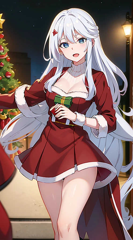 masterpiece, best quality, 1 solo girl, white hair, blue eyes, long hair, wavy hair, Christmas ornaments, medium breasts, mature body and face, red Santa dress, Christmas, Christmas light, Christmas tree, red gloves, red Santa skirt, holding gift, red bra, red panty, leg up, cowboy shots, sexy pose, dakimakura, detailed body, face, and eyes, sharp focus, vibrant, creative, dynamic, high definition, high resolution, 8k, (Upscale: R-ESRGAN 4x+ Anime6B), (Image enchance:4x), voluptuous body